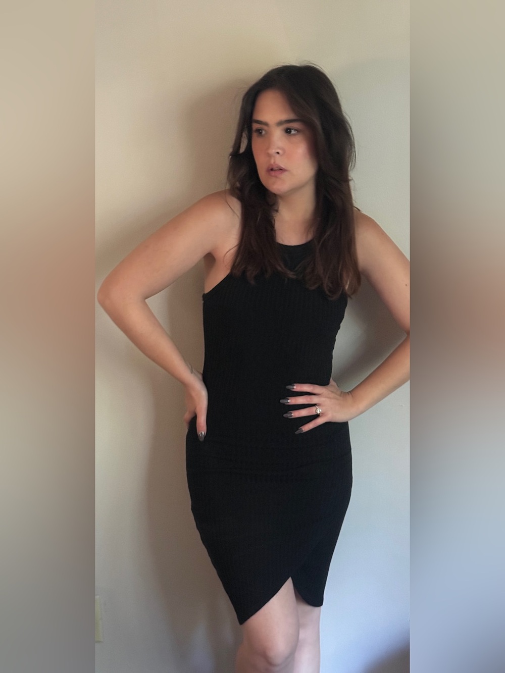 Don’t Ask Why Black Ribbed Bodycon Midi Dress | Asymmetrical Hem